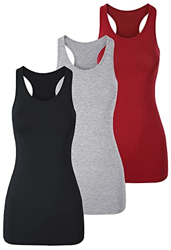 TAIPOVE Damen Racerback Tank Top Lange Camisole Ärmellos Yoga Shirts Workout Tops 3er-Pack, Schwarz/Grau/Weinrot, XX-Large von TAIPOVE