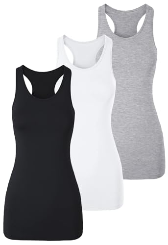 TAIPOVE Damen Racerback Tank Top Lange Camisole Ärmellos Yoga Shirts Workout Tops 3er-Pack, Schwarz/Weiß/Grau, Groß von TAIPOVE