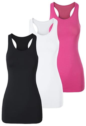 TAIPOVE Damen Racerback Tank Top Lange Camisole Ärmellos Yoga Shirts Workout Tops 3er-Pack, Schwarz/Weiß/Hot Pink, Groß von TAIPOVE