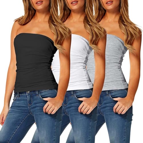 TAIPOVE Damen Sexy Lange Tube Tops Trägerlos Camisoles Basic Stretch Crop Top Bandeau Shirt 3 Pack, schwarz / weiß / grau, Klein von TAIPOVE