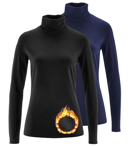 TAIPOVE Damen Thermo-Fleece Rollkragen Langarm Tops Leichter Pullover Sweater Baumwolle Lässig Weich Komfort, Schwarz/Marineblau, Groß von TAIPOVE