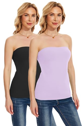 TAIPOVE Schlauch-Tops für Damen, mit integriertem BH, trägerloses Camisole aus Baumwolle, Unterhemd, Unterstützung, Sommer, lang, Bandeau, sexy, Schwarz und Hellviolett, Groß von TAIPOVE