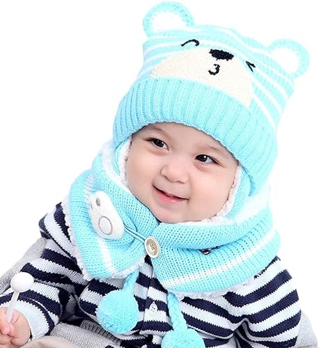 TAIPPAN Baby Mütze Ohrklappen Hut - Säugling Kleinkind Mädchen Jungen Weich Warm Strick Hut Kinder Winter Hut mit Schal von TAIPPAN