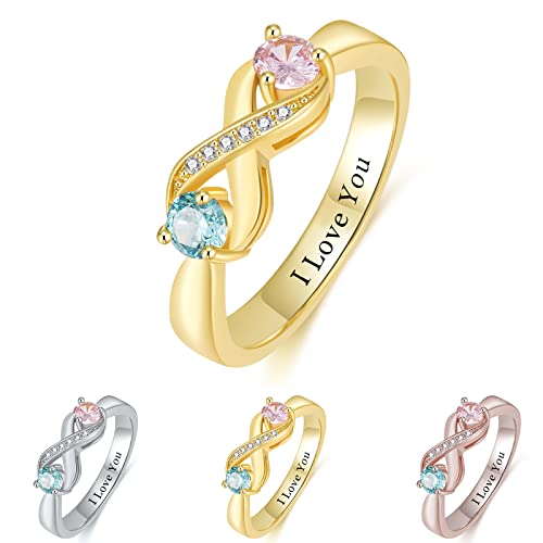 TAISGONGBY Personalisierter Mutterring aus 925er Sterlingsilber mit 2 runden simulierten Geburtssteinen. Individuell gravierter Damen-Verlobungsring von TAISGONGBY