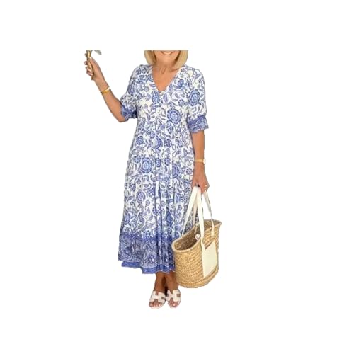 TAITUS Damen Sommer Casual Print V-Ausschnitt Langes Kleid Plus Size Bohème Wickelkleid mit V-Ausschnitt und Blumen (Blue,4XL) von TAITUS