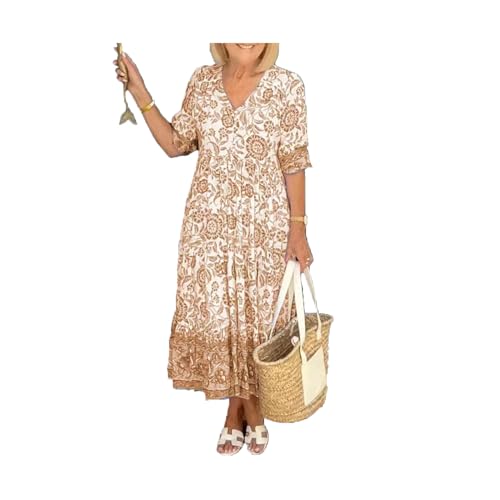 TAITUS Damen Sommer Casual Print V-Ausschnitt Langes Kleid Plus Size Bohème Wickelkleid mit V-Ausschnitt und Blumen (Khaki,4XL) von TAITUS