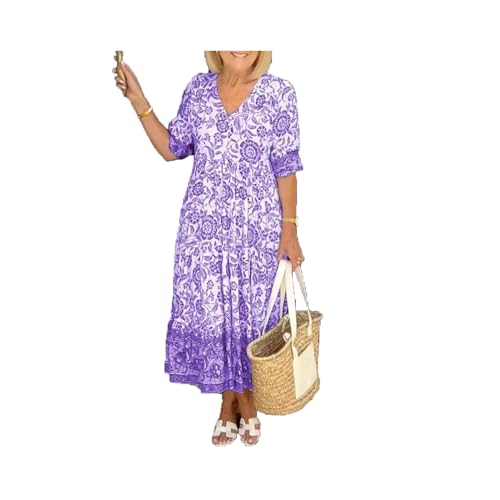 TAITUS Damen Sommer Casual Print V-Ausschnitt Langes Kleid Plus Size Bohème Wickelkleid mit V-Ausschnitt und Blumen (Purple,4XL) von TAITUS