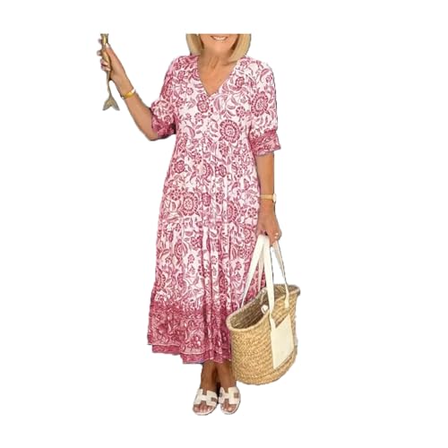 TAITUS Damen Sommer Casual Print V-Ausschnitt Langes Kleid Plus Size Bohème Wickelkleid mit V-Ausschnitt und Blumen (pink,4XL) von TAITUS