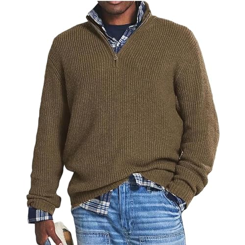 TAITUS Herren-Kaschmir-Business-Casual-Reißverschlusspullover, Viertelreißverschluss-Herrenpullover, gestrickter Herren-Basic-Rundhalspullover (Brown,4XL) von TAITUS