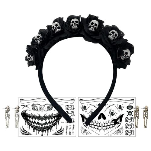 Halloween Skelett Stirnband Floral Schädel Stirnband Gothic Haarband Schwarze Rose Haarschmuck für Frauen Halloween Cosplay Tag der Toten Party mit 2 Totenkopf Ohrringen + 2 Tattoo Aufkleber von TAIXING