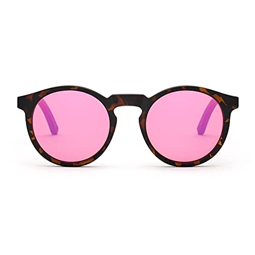 TAKE A SHOT Holz-Sonnenbrille Damen Rund Pink Verspiegelt Schmal Runde Gläser, UV400 - Havana Sonnenbrille Holz LISI von TAKE A SHOT