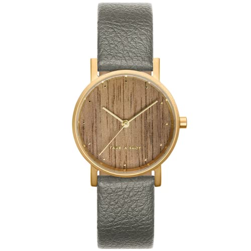 TAKE A SHOT Holzuhr Damen Gold - Kleine Holz Armbanduhr Gold mit veganen Armband Grau, Damenuhr mit Zifferblatt aus Walnuss-Holz, 27 mm - Mila Concrete VEGAN von TAKE A SHOT