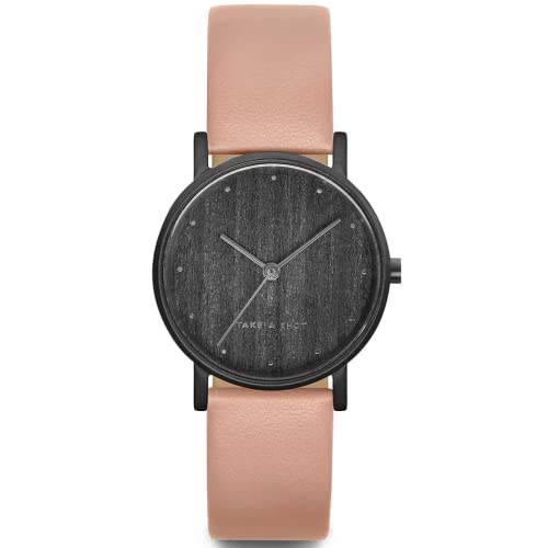 TAKE A SHOT Holzuhr Damen Schwarz - Kleine Holz Armbanduhr Schwarz mit veganen Armband Rosa, Damenuhr mit Zifferblatt aus Eichen-Holz, 27 mm - Mila Peach VEGAN von TAKE A SHOT