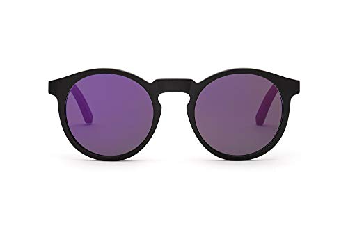 TAKE A SHOT Holz-Sonnenbrille Damen Schwarz Violett verspiegelt Schmal Runde Gläser, polarisiert UV400 - Schwarze Sonnenbrille Holz NEPOMUK von TAKE A SHOT