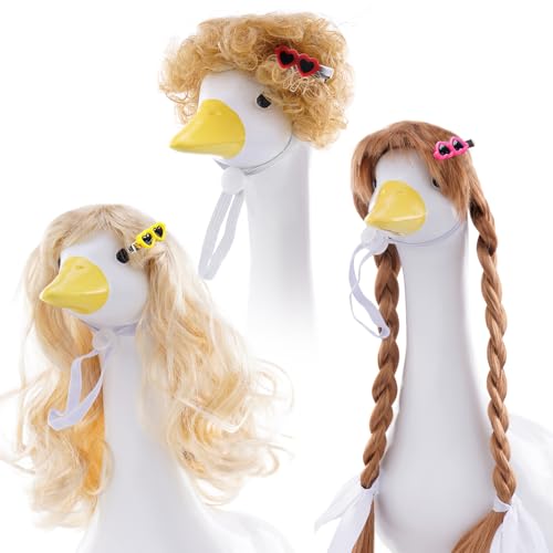 TAKEALOOKO 3 Stück Veranda-Gans-Perücken mit Haarspangen – niedliche Rasengans-Statue-Dekorationen, Gartengans-Outfits, Perücken-Zubehör für den Außenbereich, Terrasse, Hof, Goosey-Dekoration von TAKEALOOKO