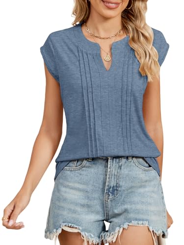 TAKEYAL Cap Sleeve Tshirts for Women V Neck Tank Tops Solid Color Summer Trendy Shirt von TAKEYAL