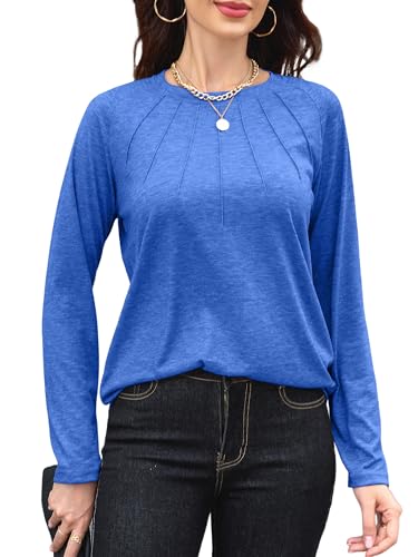 TAKEYAL Frauen Shirts Plissee Langarm Rundhals Blusen Lose Casual Herbst Dressy Tops von TAKEYAL