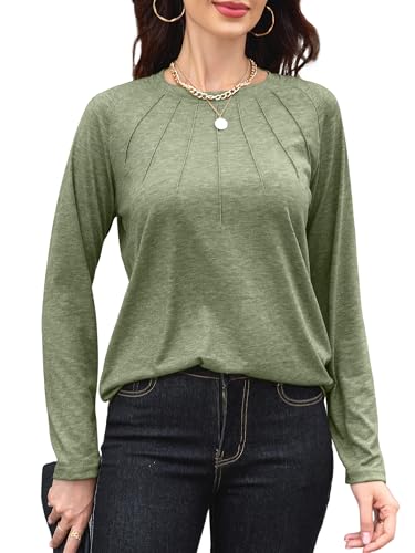 TAKEYAL Frauen Shirts Plissee Langarm Rundhals Blusen Lose Casual Herbst Dressy Tops von TAKEYAL