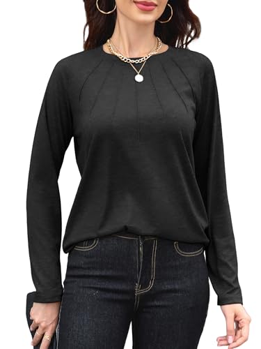 TAKEYAL Frauen Shirts Plissee Langarm Rundhals Blusen Lose Casual Herbst Dressy Tops von TAKEYAL