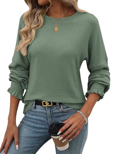 TAKEYAL Langärmeliges Hemd für Frauen 2025 Trendy Mode Top Frühling Herbst Bluse Crew Hals Dressy Casual Loose Outfits von TAKEYAL