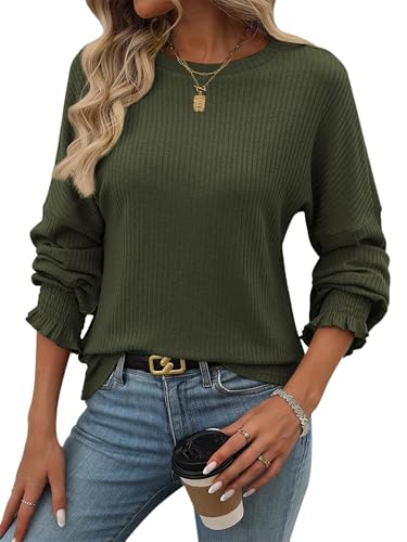 TAKEYAL Langärmeliges Hemd für Frauen 2025 Trendy Mode Top Frühling Herbst Bluse Crew Hals Dressy Casual Loose Outfits von TAKEYAL