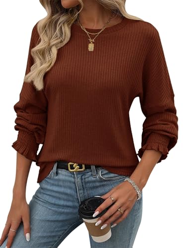 TAKEYAL Langärmeliges Hemd für Frauen 2025 Trendy Mode Top Frühling Herbst Bluse Crew Hals Dressy Casual Loose Outfits von TAKEYAL