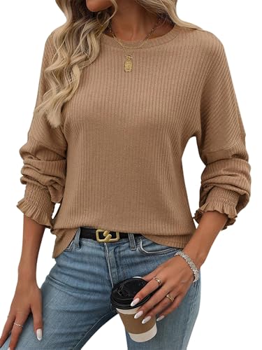 TAKEYAL Langärmeliges Hemd für Frauen 2025 Trendy Mode Top Frühling Herbst Bluse Crew Hals Dressy Casual Loose Outfits von TAKEYAL