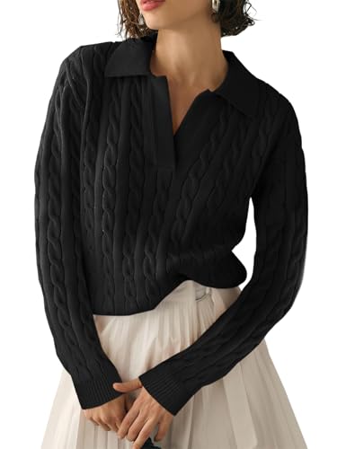 TAKEYAL Women Cable Long Sleeve Sweaters Tops Solid Lapel V Neck Casual Soft Pullover Knit Henley Shirt 2024 Fall Outfits (Black, S) von TAKEYAL