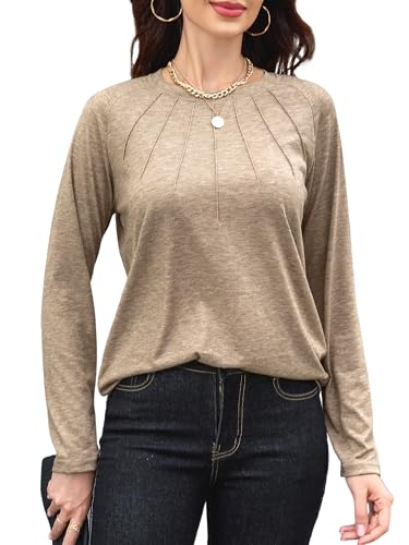 TAKEYAL Frauen Shirts Plissee Langarm Rundhals Blusen Lose Casual Herbst Dressy Tops von TAKEYAL