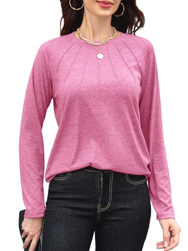 TAKEYAL Frauen Shirts Plissee Langarm Rundhals Blusen Lose Casual Herbst Dressy Tops von TAKEYAL