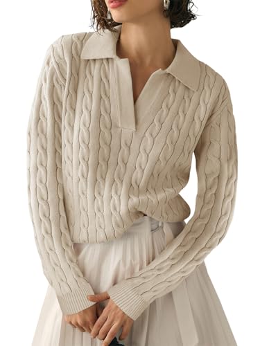 TAKEYAL Women Sweaters Long Sleeve Polo V Neck Cable Knit Casual Soft Comfortable Pullover Top 2024 Fall Winter Outfits (Khaki, L) von TAKEYAL