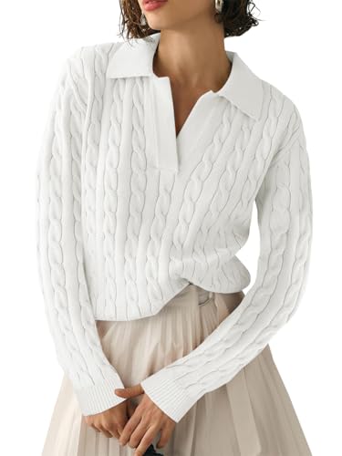 TAKEYAL Women White Sweater Cable Knit Casual Soft Pullover Textured Sweater Jacket Women 2024 Fall Winter Outfits Clothes (White, S) von TAKEYAL