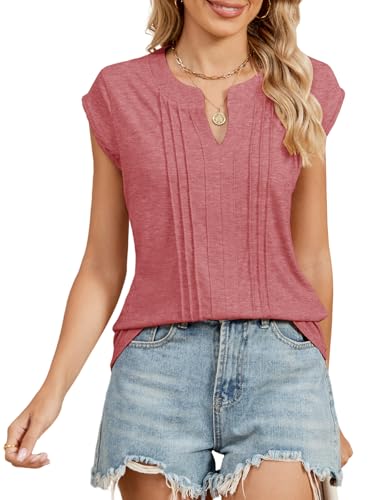TAKEYAL Women's Pleated Front Shirts V Neck Cap Sleeve Summer Business Tshirts von TAKEYAL