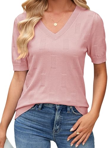 TAKEYAL Womens Summer Sweater 2025 V Neck Short Sleeve Sweaters Lightweight Knit Tops Trendy Dressy Casual Outfit von TAKEYAL