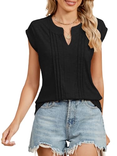 TAKEYAL Womens V Neck Tshirts Cap Sleeve Pleated Front Shirts Summer Trendy Casual Ladies Business Tops 2025 von TAKEYAL