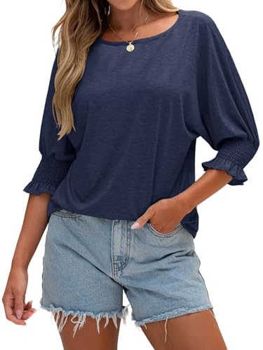 Women 3/4 Sleeve Crew Neck T-Shirts Fashion Ruffle Cuff Tops Solid Color Trendy Business Blouses New von TAKEYAL