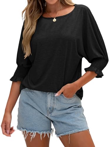Women 3/4 Sleeve Crew Neck T-Shirts Fashion Ruffle Cuff Tops Solid Color Trendy Business Blouses New von TAKEYAL