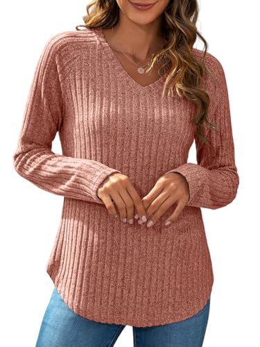 Women V Neck Long Sleeve Sweaters Casual Light Weight Shirts Curved Hem Fashion Loose Tunic Tops von TAKEYAL