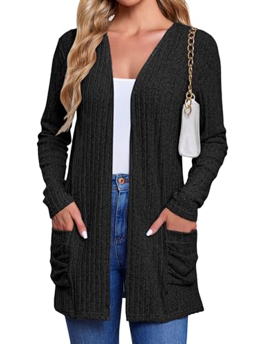 Women's Cardigan Coats Knitted Long Sleeve Sweaters Loose Fit Casual Cardigans with Pockets Fall 2024 Black Small von TAKEYAL