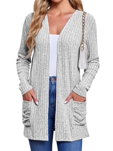 Women's Cardigan Coats Knitted Long Sleeve Sweaters Loose Fit Casual Cardigans with Pockets Fall 2024 Grey Small von TAKEYAL