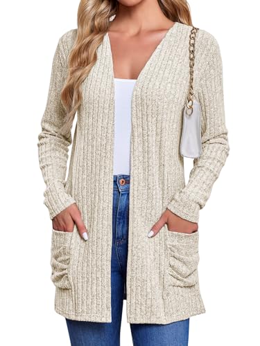 Women's Cardigan Coats Knitted Long Sleeve Sweaters Loose Fit Casual Cardigans with Pockets Fall 2024 Khaki 2X-Large von TAKEYAL