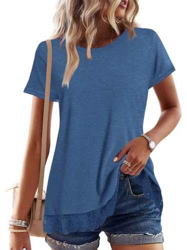 Womens Short Sleeve Tops Trendy Lace Trim Tunic Tops for Women Loose Fit Dressy Tunic Tops Casual Shirts von TAKEYAL