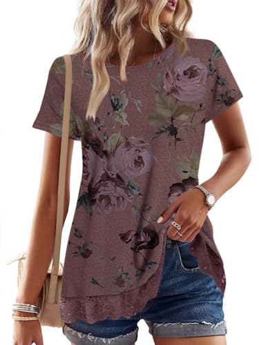 Womens Short Sleeve Tops Trendy Lace Trim Tunic Tops for Women Loose Fit Dressy Tunic Tops Casual Shirts von TAKEYAL