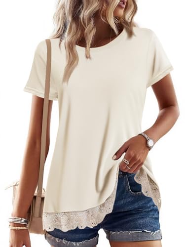 Womens Short Sleeve Tops Trendy Lace Trim Tunic Tops for Women Loose Fit Dressy Tunic Tops Casual Shirts von TAKEYAL