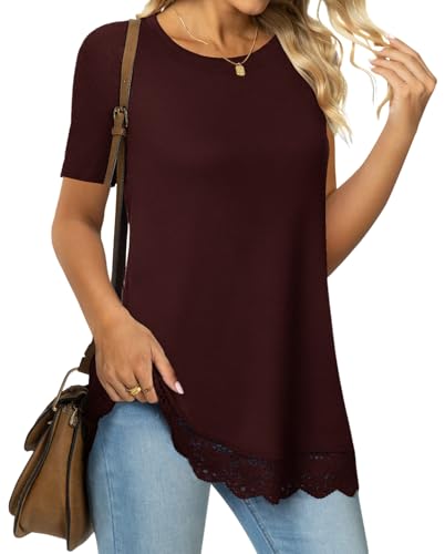 Womens Short Sleeve Tops Trendy Lace Trim Tunic Tops for Women Loose Fit Dressy Tunic Tops Casual Shirts von TAKEYAL