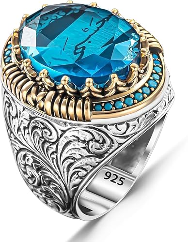 925 Sterling Silber Blauer Zirkon Stein Hasbi Allah (Allah ist mir genug) Islamischer Herrenring Großer handgemachter Ring im türkischen Stil, religiöser muslimischer Schmuck Geschenk für Männer (60) von TAKILINGO