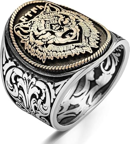 925 Sterling Silber Gokturk Grauer Wolf Türkischer Herrenring. Tier Wolf Modell Türk Geschrieben (56) von TAKILINGO
