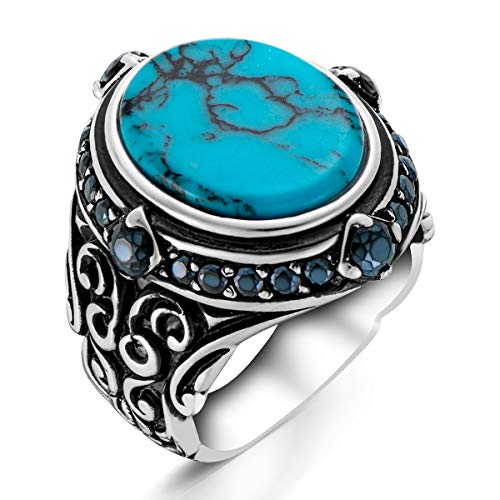925 Sterling Silber Zirkon Stein Verziert Geäderter Türkis Stein Meisterarbeit Handgemachter Flamboyant Authentischer Getrommelter Herrenring Accessoire Schmuck (64) von TAKILINGO