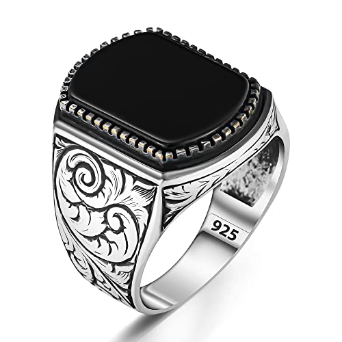 Herrenring aus massivem 925er Sterlingsilber, einfarbig, schwarzer Onyx-Stein, türkischer, handgefertigter Silberschmuck, Sterlingsilber, Onyx von TAKILINGO