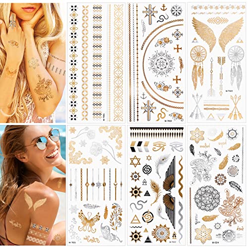 TAKUZA Gold Tattoo 6 Blätte Wasserdicht Metallic Temporäre Tattoo, Tattoo Gold Damen, Goldene Tattoos Festival, Tattoos Gold, Flash Indianer Tattoo Armband, Fußkette, für Festival und Party. von TAKUZA